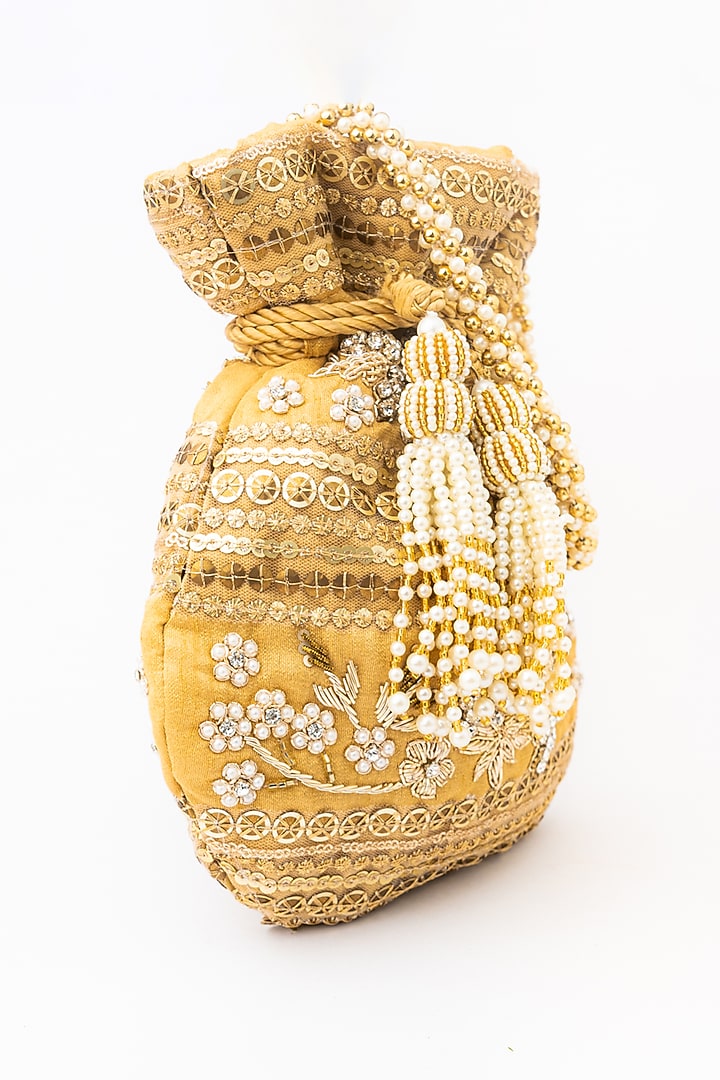 Gold & White Raw Silk Embroidered Potli by NR By Nidhi Rathi at Pernia's Pop Up Shop
