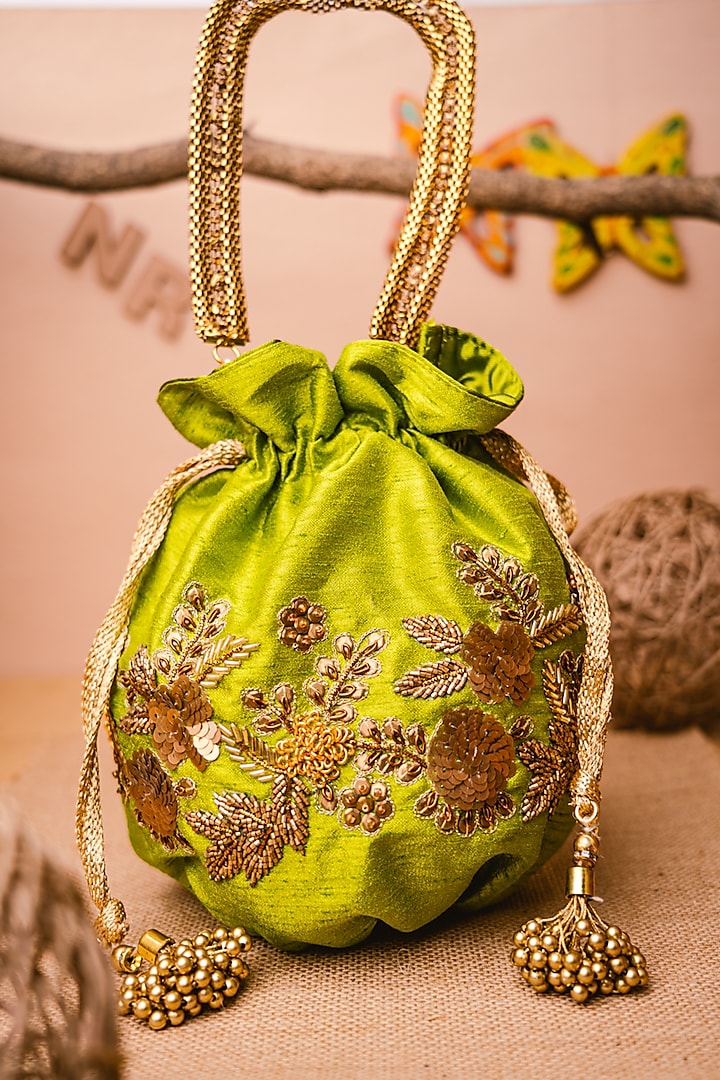 Green & Gold Raw Silk Embroidered Potli by NR By Nidhi Rathi
