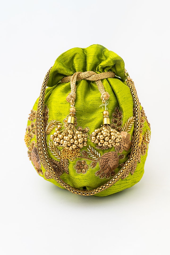 Green & Gold Raw Silk Embroidered Potli by NR By Nidhi Rathi at Pernia's Pop Up Shop