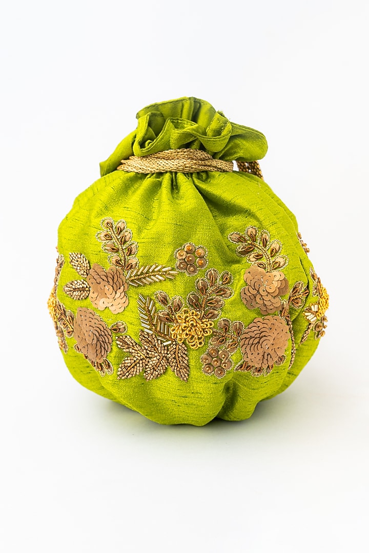 Green & Gold Raw Silk Embroidered Potli by NR By Nidhi Rathi at Pernia's Pop Up Shop