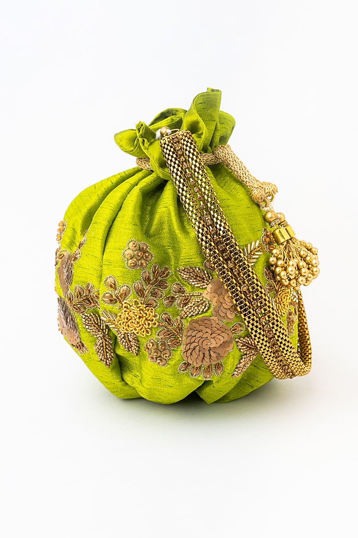 Green & Gold Raw Silk Embroidered Potli by NR By Nidhi Rathi at Pernia's Pop Up Shop