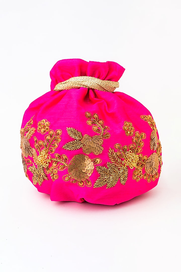 Pink & Gold Raw Silk Embroidered Potli by NR By Nidhi Rathi at Pernia's Pop Up Shop