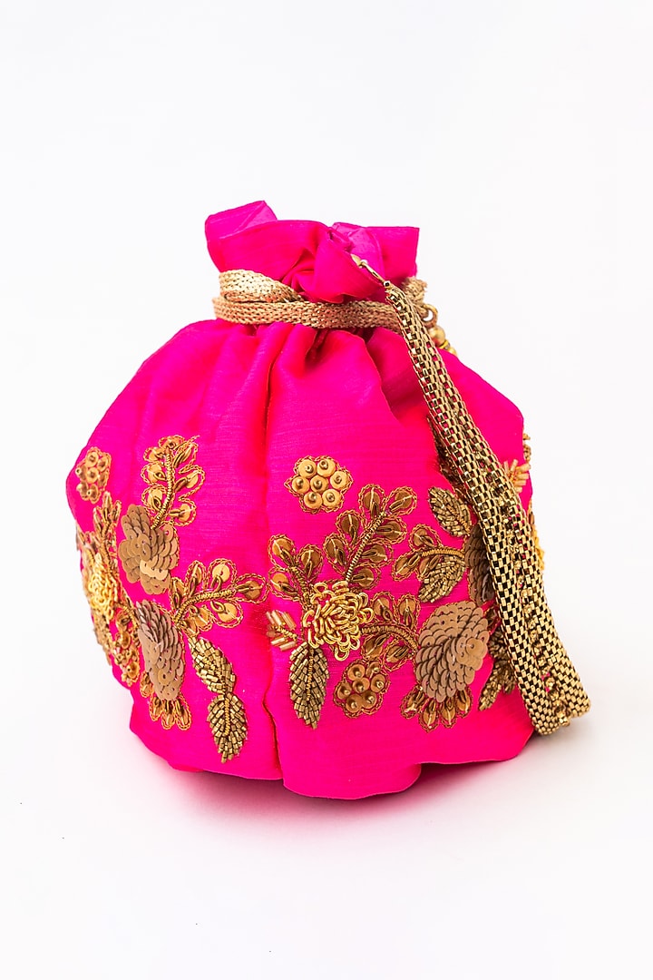 Pink & Gold Raw Silk Embroidered Potli by NR By Nidhi Rathi at Pernia's Pop Up Shop