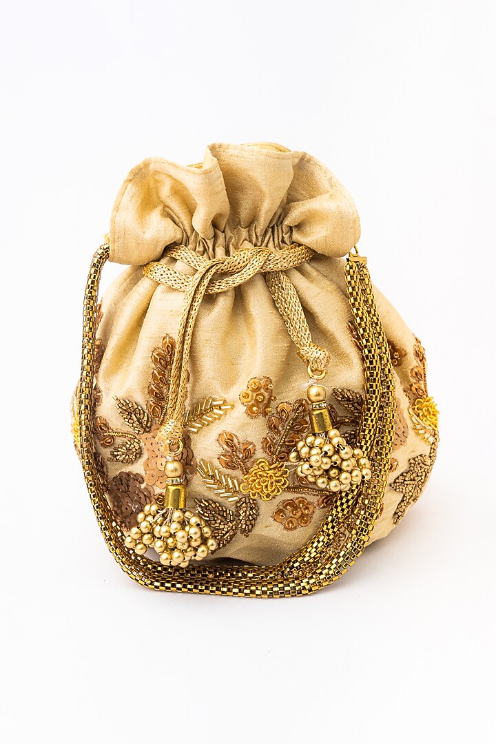 Peach & Gold Raw Silk Embroidered Potli by NR By Nidhi Rathi at Pernia's Pop Up Shop