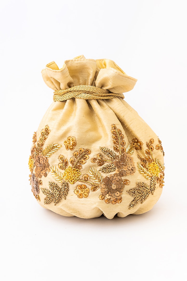 Peach & Gold Raw Silk Embroidered Potli by NR By Nidhi Rathi at Pernia's Pop Up Shop