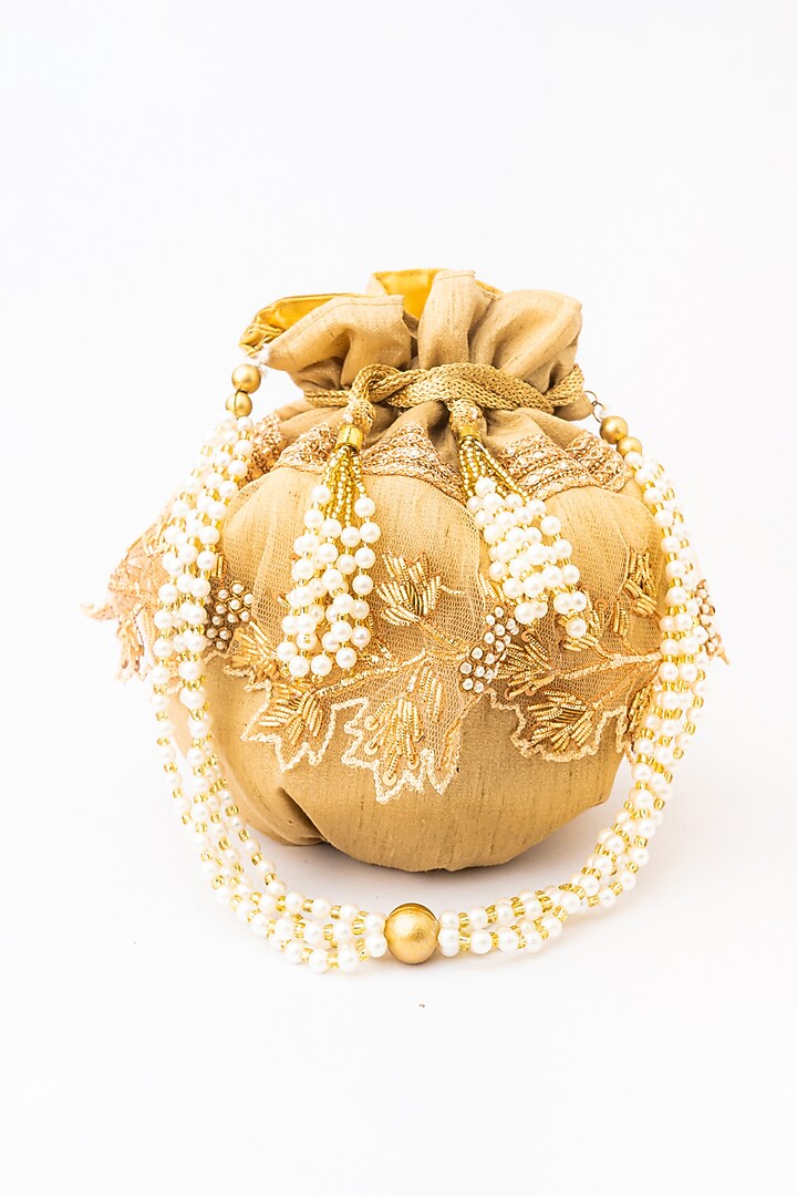 Gold & White Raw Silk Embroidered Potli by NR By Nidhi Rathi at Pernia's Pop Up Shop