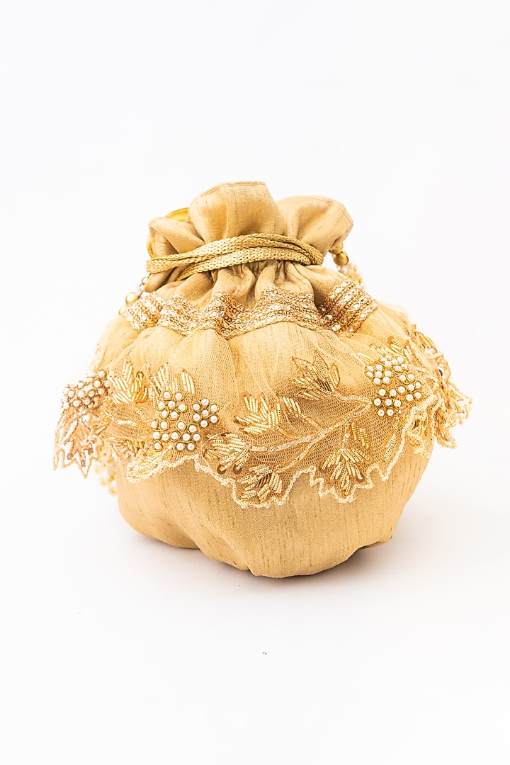 Gold & White Raw Silk Embroidered Potli by NR By Nidhi Rathi at Pernia's Pop Up Shop