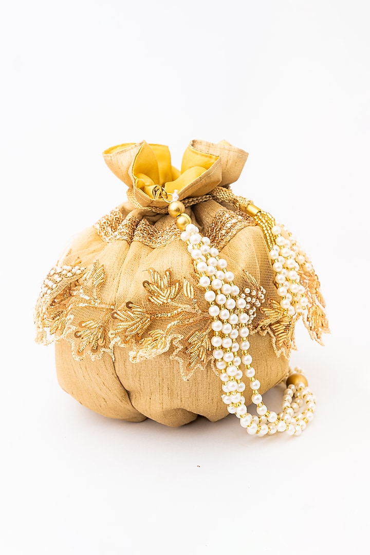 Gold & White Raw Silk Embroidered Potli by NR By Nidhi Rathi at Pernia's Pop Up Shop