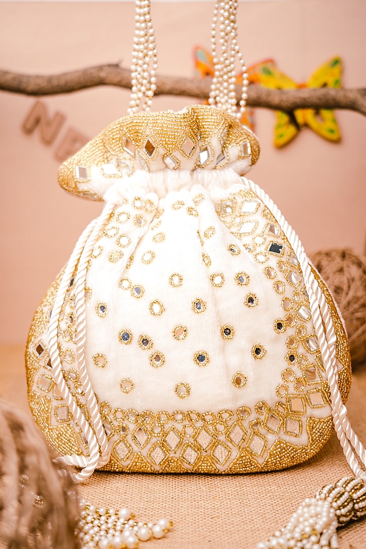 White & Gold Velvet Embroidered Potli by NR By Nidhi Rathi at Pernia's Pop Up Shop