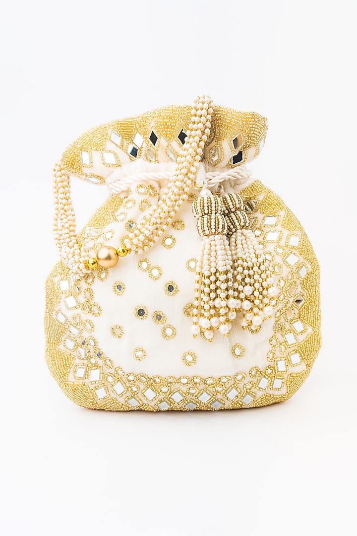 White & Gold Velvet Embroidered Potli by NR By Nidhi Rathi at Pernia's Pop Up Shop