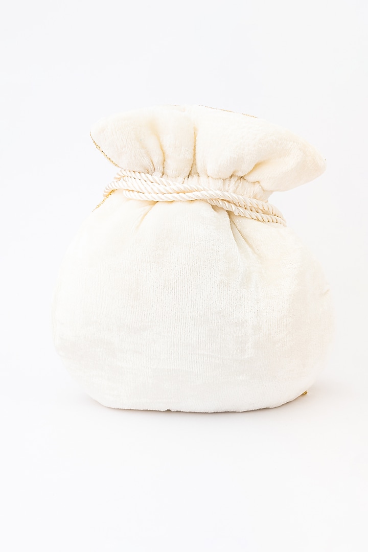 White & Gold Velvet Embroidered Potli by NR By Nidhi Rathi at Pernia's Pop Up Shop
