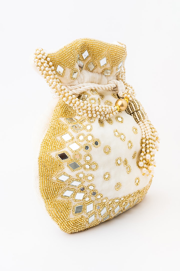 White & Gold Velvet Embroidered Potli by NR By Nidhi Rathi at Pernia's Pop Up Shop