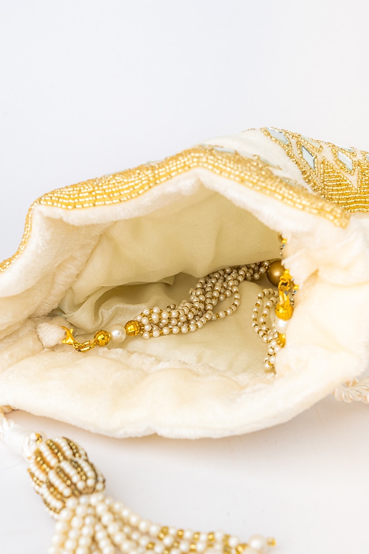 White & Gold Velvet Embroidered Potli by NR By Nidhi Rathi at Pernia's Pop Up Shop