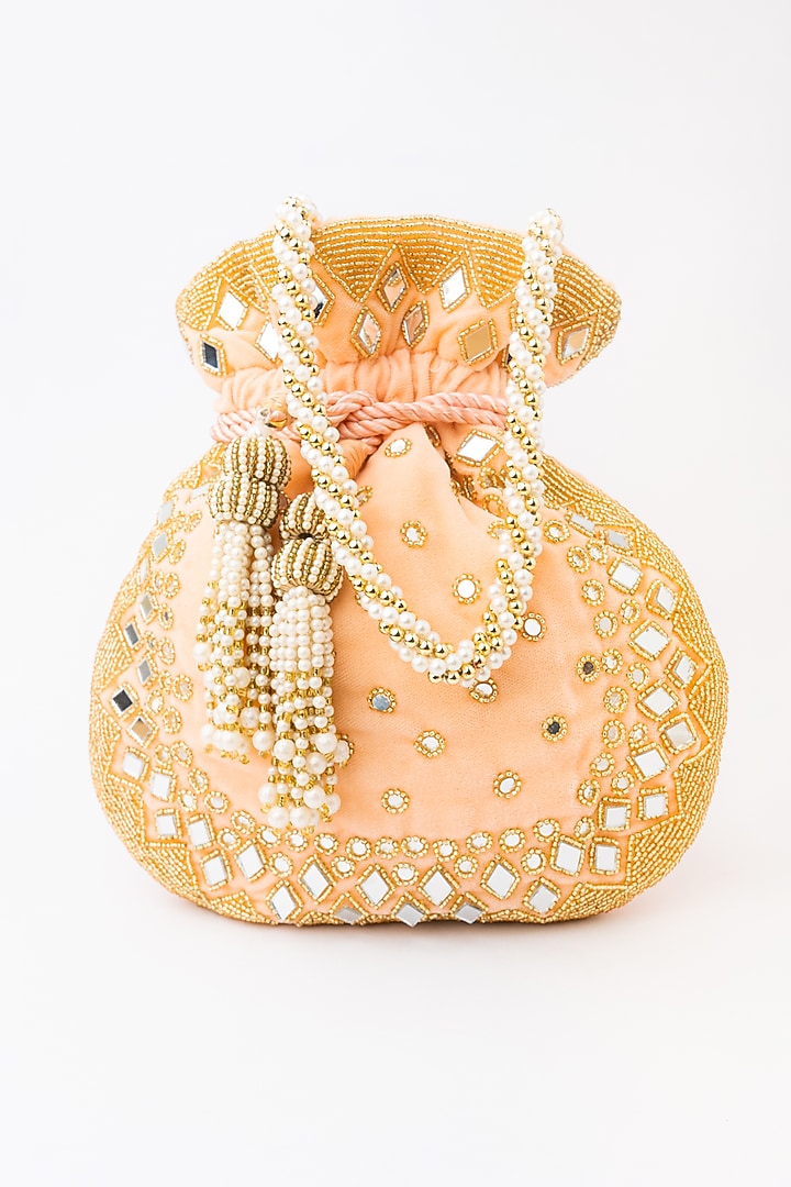 Peach & Gold Velvet Embroidered Potli by NR By Nidhi Rathi at Pernia's Pop Up Shop