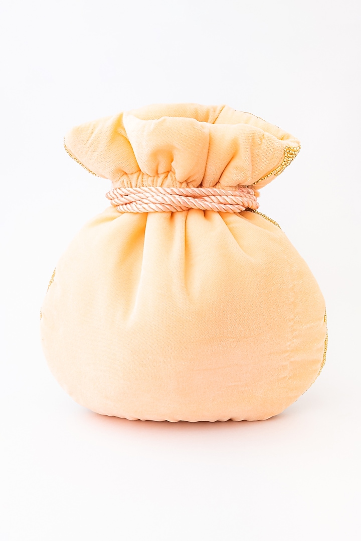 Peach & Gold Velvet Embroidered Potli by NR By Nidhi Rathi at Pernia's Pop Up Shop