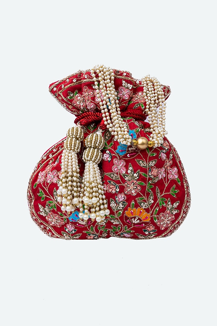 Red Raw Silk Hand Embroidered Potli by NR By Nidhi Rathi at Pernia's Pop Up Shop
