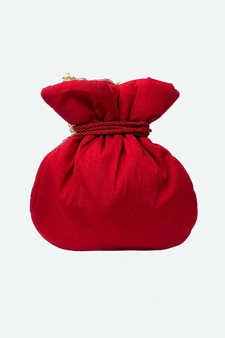 Red Raw Silk Hand Embroidered Potli by NR By Nidhi Rathi at Pernia's Pop Up Shop