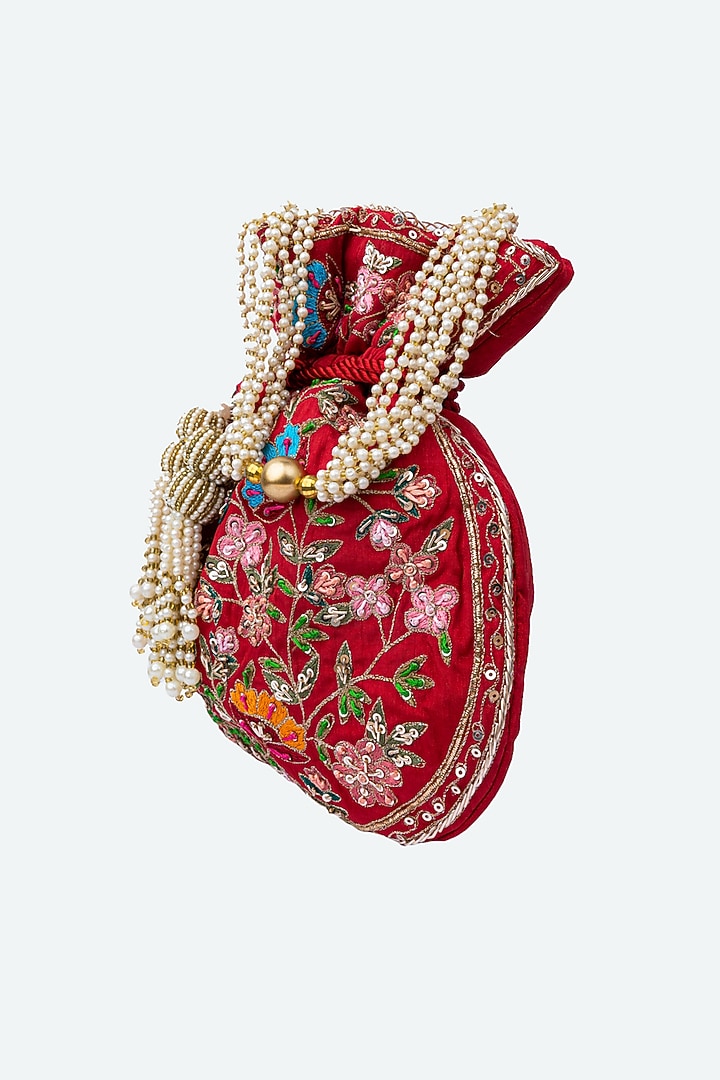 Red Raw Silk Hand Embroidered Potli by NR By Nidhi Rathi at Pernia's Pop Up Shop