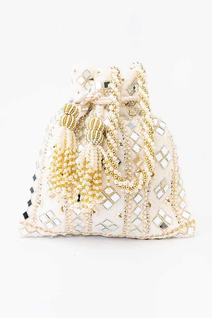 White Velvet Embroidered Potli by NR By Nidhi Rathi at Pernia's Pop Up Shop