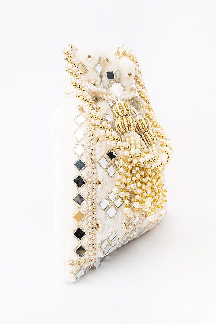 White Velvet Embroidered Potli by NR By Nidhi Rathi at Pernia's Pop Up Shop