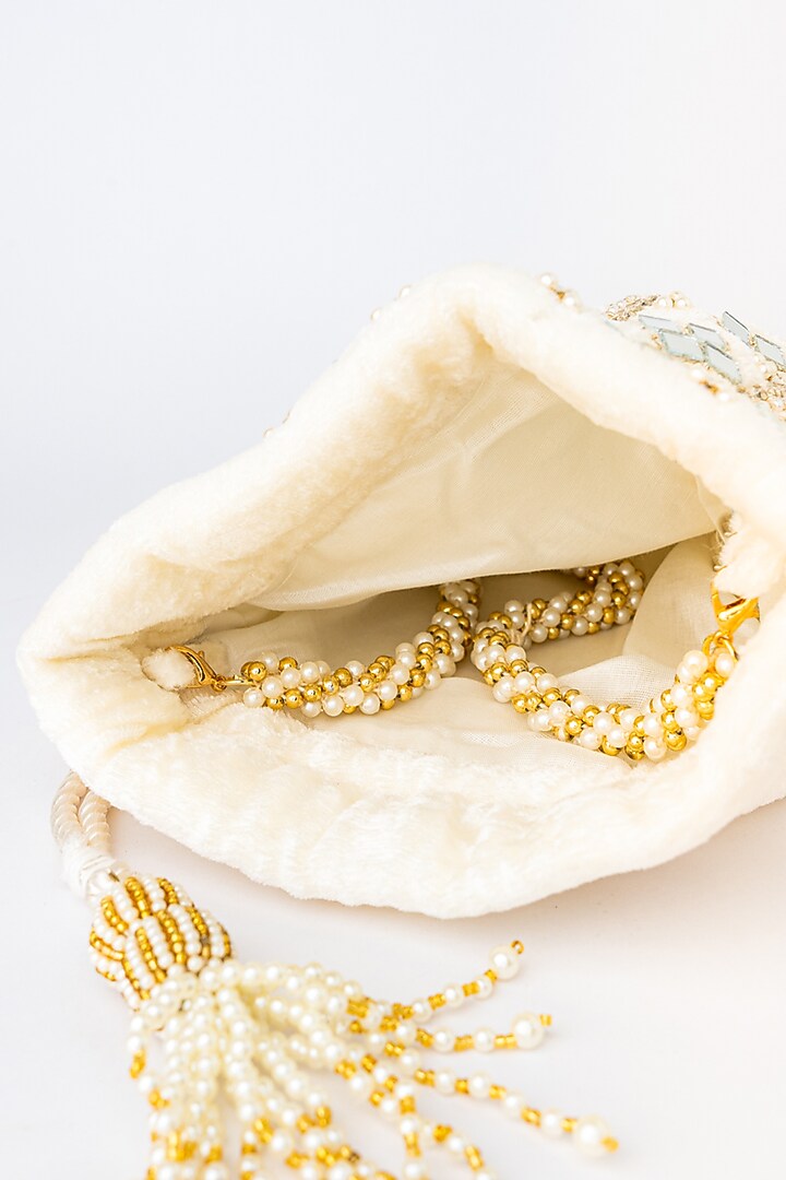 White Velvet Embroidered Potli by NR By Nidhi Rathi at Pernia's Pop Up Shop