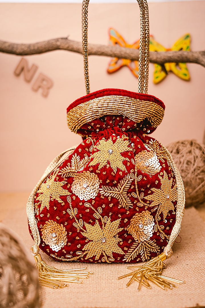 Maroon & Gold Velvet Hand Embroidered Potli by NR By Nidhi Rathi