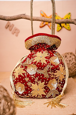 Maroon & Gold Velvet Hand Embroidered Potli by NR By Nidhi Rathi