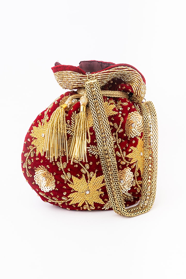 Maroon & Gold Velvet Hand Embroidered Potli by NR By Nidhi Rathi at Pernia's Pop Up Shop