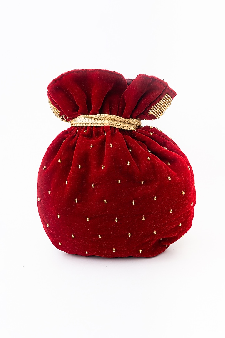 Maroon & Gold Velvet Hand Embroidered Potli by NR By Nidhi Rathi at Pernia's Pop Up Shop