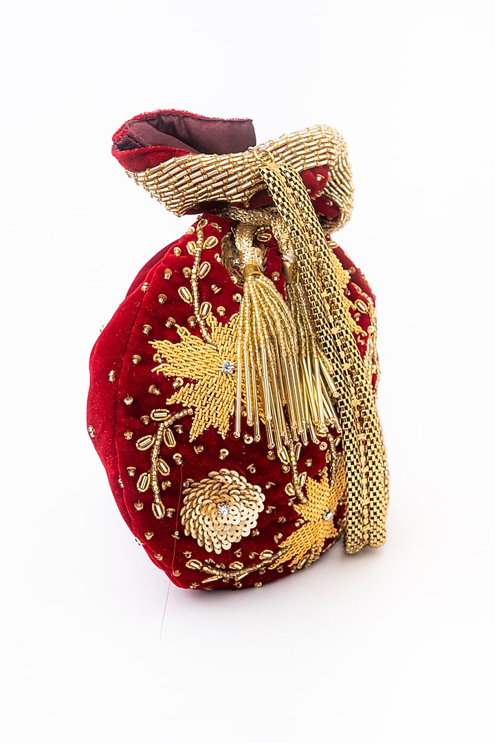 Maroon & Gold Velvet Hand Embroidered Potli by NR By Nidhi Rathi at Pernia's Pop Up Shop