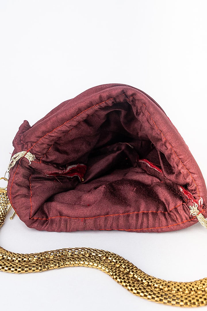Maroon & Gold Velvet Hand Embroidered Potli by NR By Nidhi Rathi at Pernia's Pop Up Shop