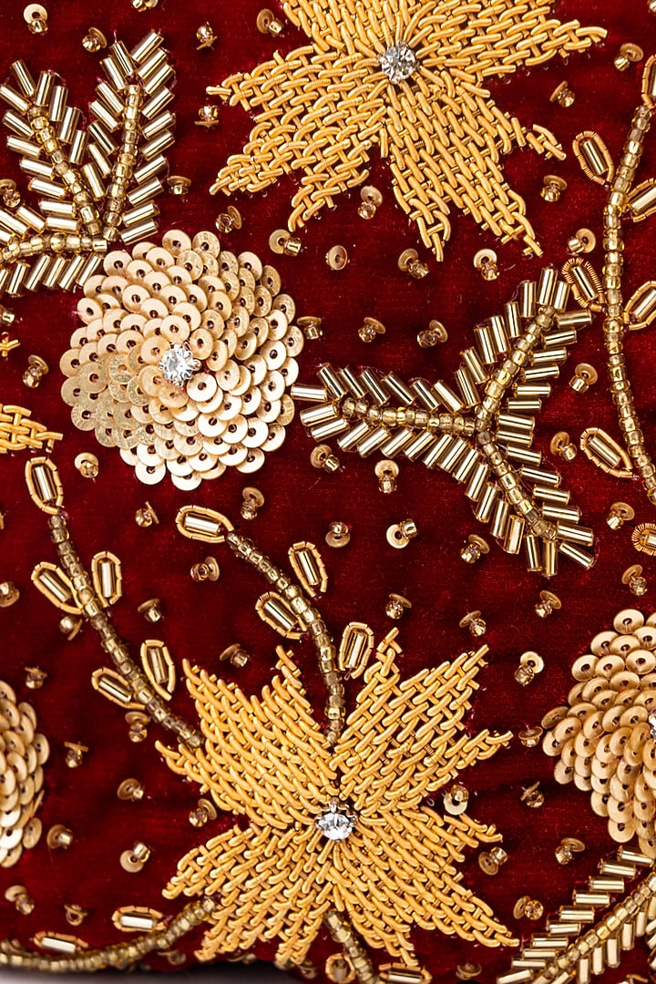 Maroon & Gold Velvet Hand Embroidered Potli by NR By Nidhi Rathi at Pernia's Pop Up Shop