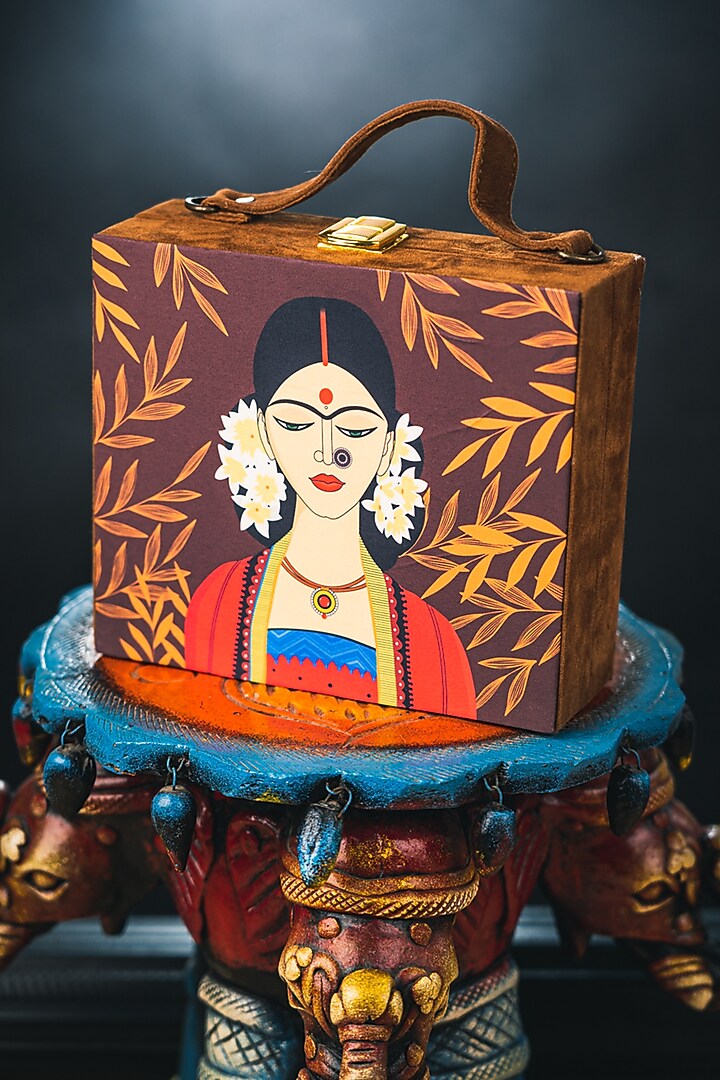 Brown and beige Satin Printed Box Clutch by NR By Nidhi Rathi at Pernia's Pop Up Shop