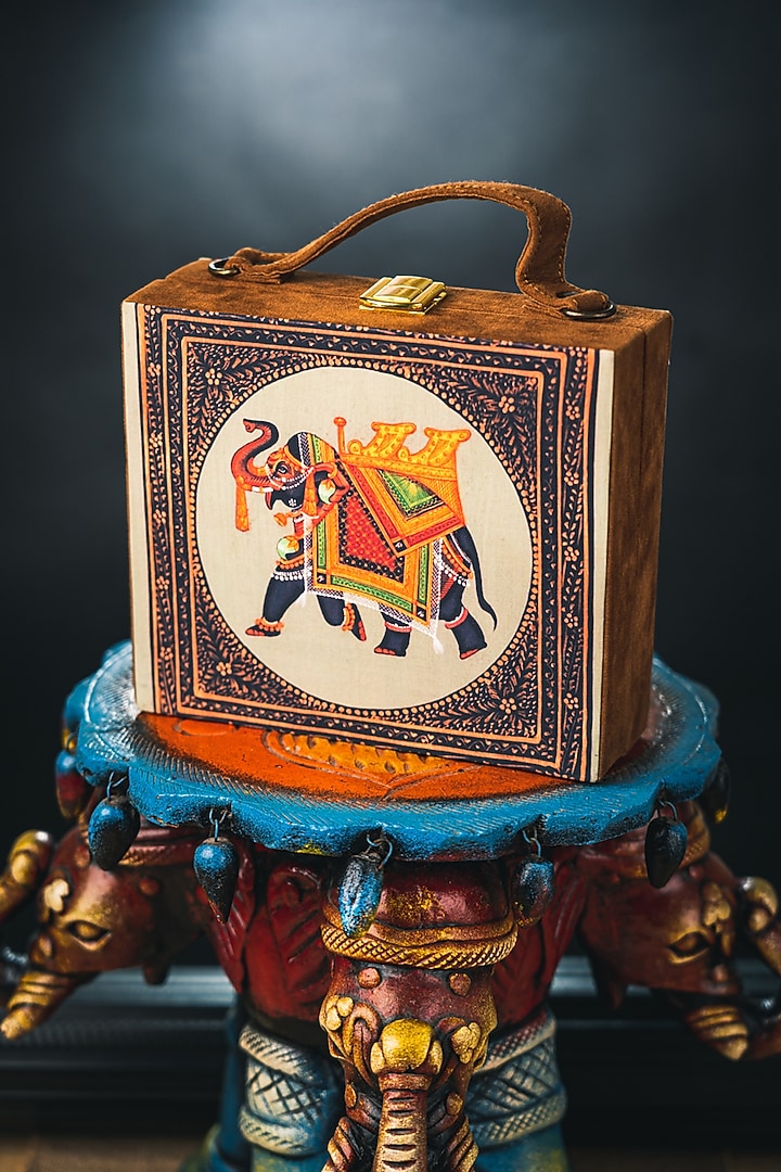 Brown Satin Printed Box Clutch by NR By Nidhi Rathi at Pernia's Pop Up Shop