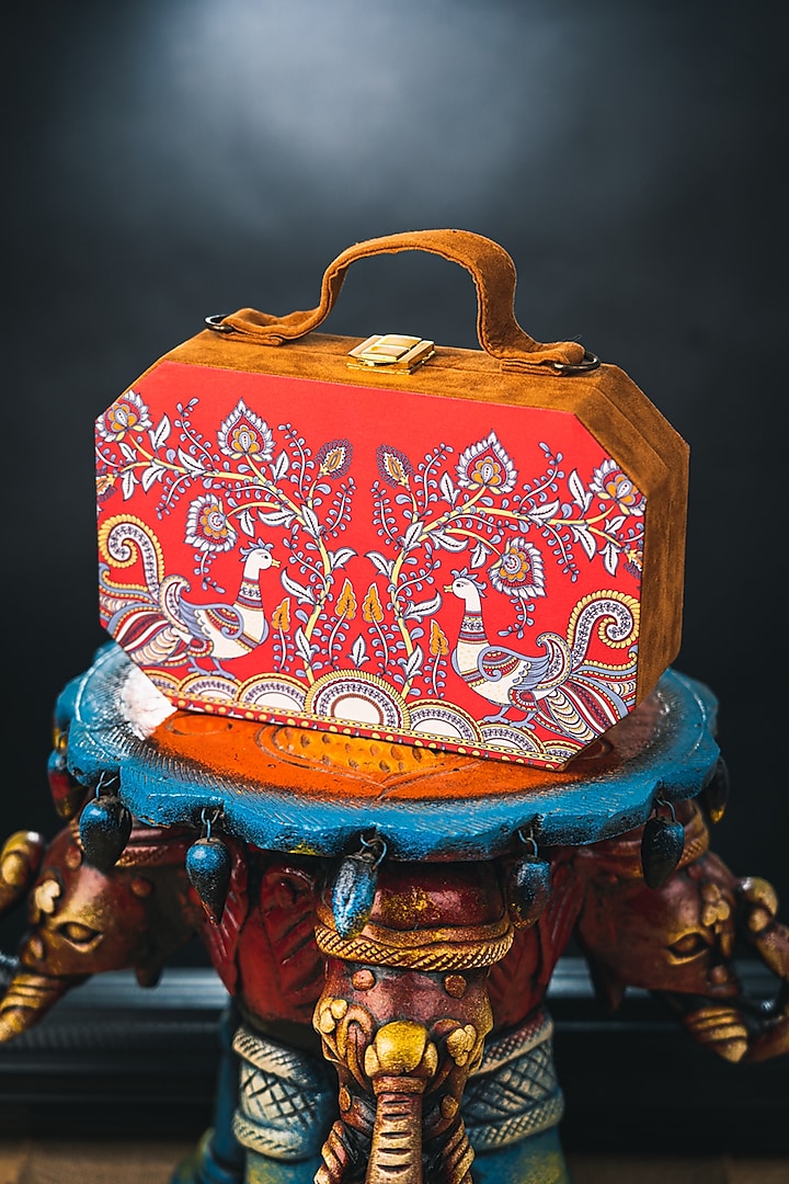 Red Satin Printed Box Clutch by NR By Nidhi Rathi at Pernia's Pop Up Shop