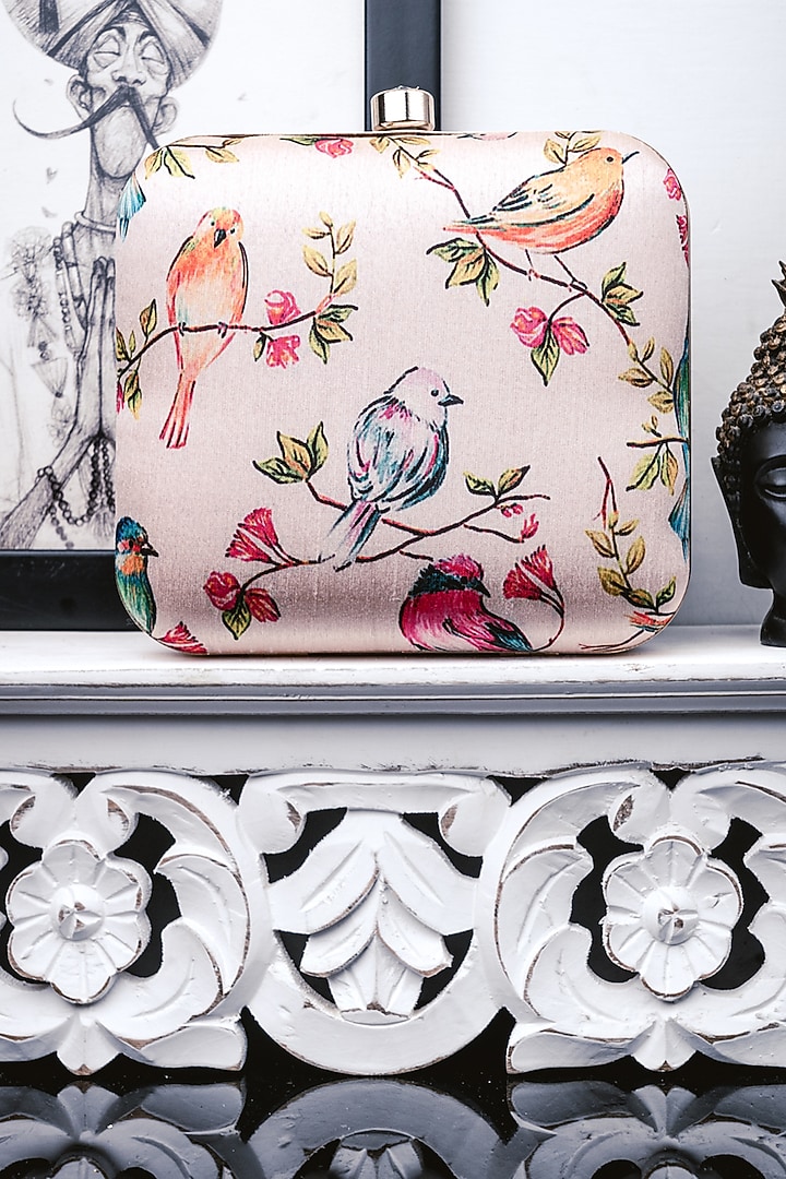 Off-White Satin Printed Box Clutch by NR By Nidhi Rathi at Pernia's Pop Up Shop