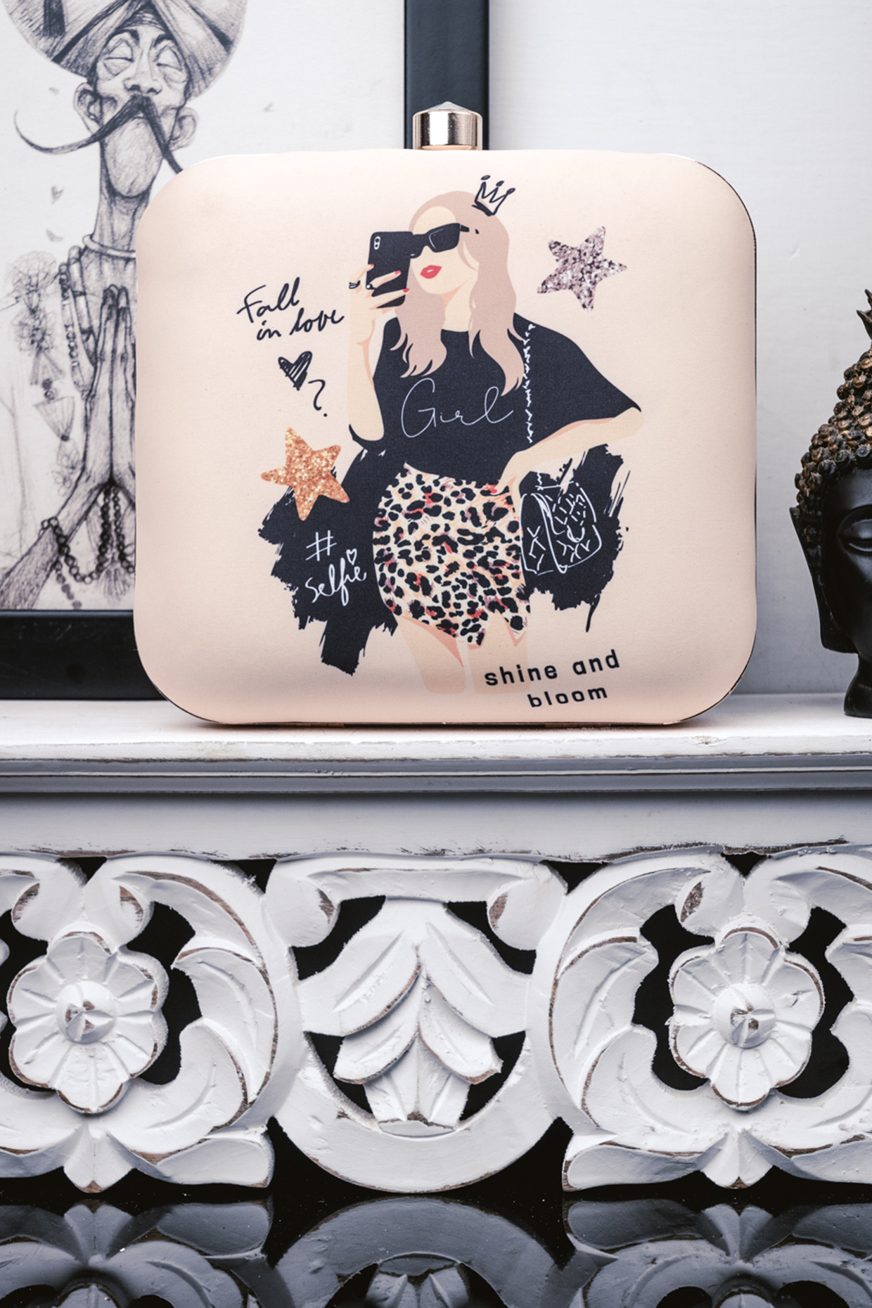 Cream Satin Printed Box Clutch by NR By Nidhi Rathi at Pernia's Pop Up Shop