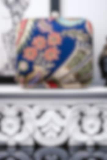 Blue Satin Printed Box Clutch by NR By Nidhi Rathi at Pernia's Pop Up Shop