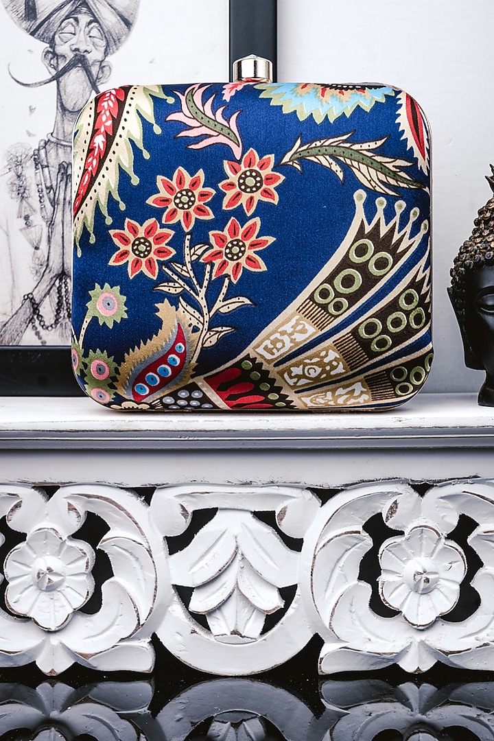 Blue Satin Printed Box Clutch by NR By Nidhi Rathi at Pernia's Pop Up Shop