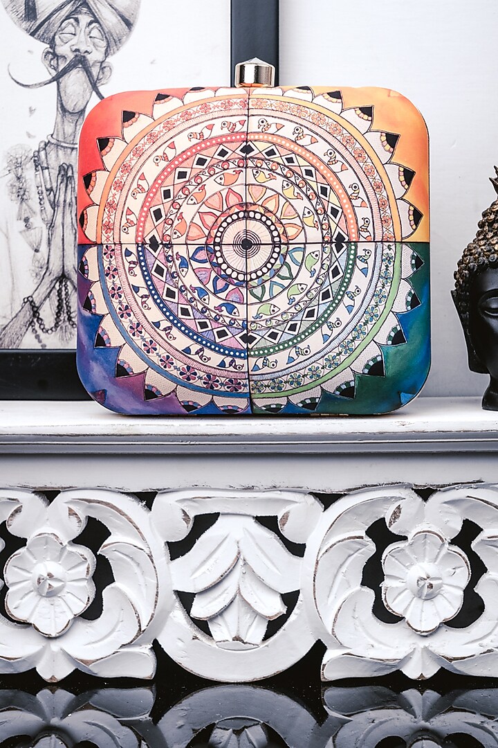 Multi-Colored Satin Printed Box Clutch by NR By Nidhi Rathi at Pernia's Pop Up Shop
