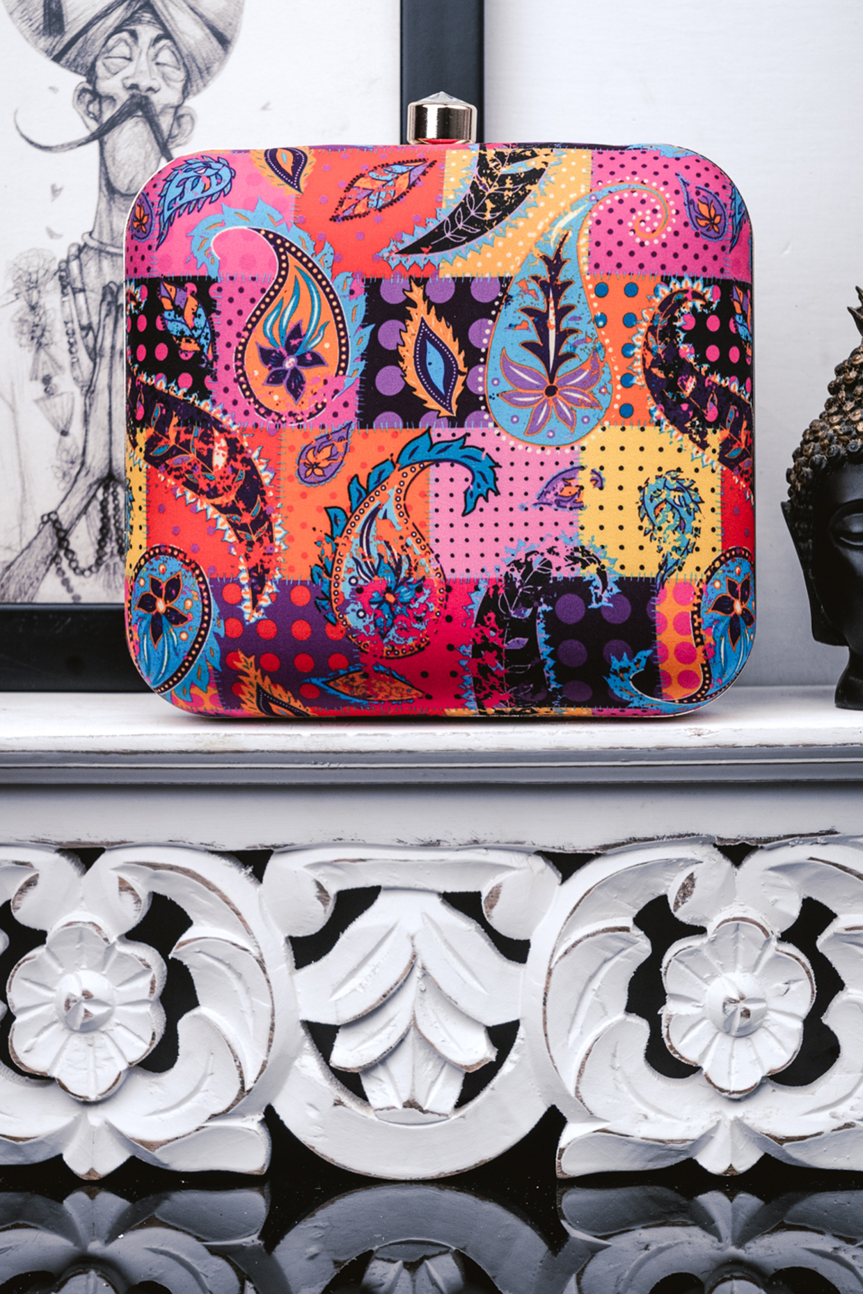 Multi-Colored Satin Digital Printed Box Clutch by NR By Nidhi Rathi at Pernia's Pop Up Shop