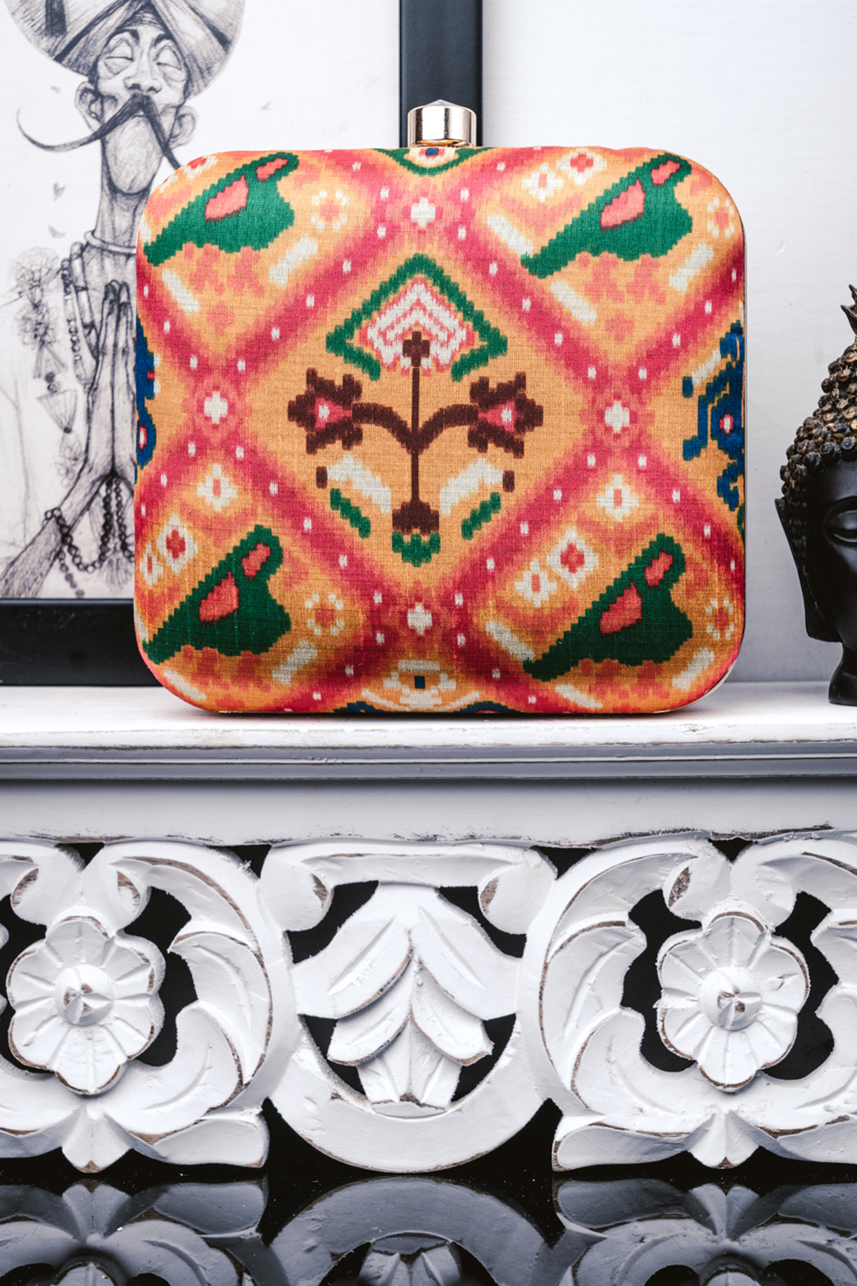 Peach Satin Printed Box Clutch by NR By Nidhi Rathi at Pernia's Pop Up Shop
