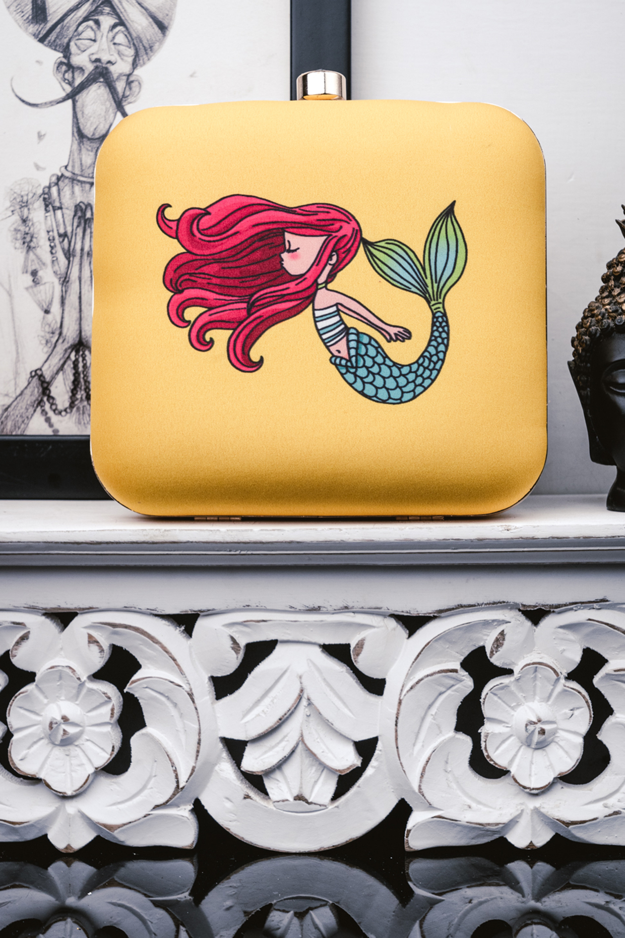 Yellow Satin Printed Box Clutch by NR By Nidhi Rathi at Pernia's Pop Up Shop