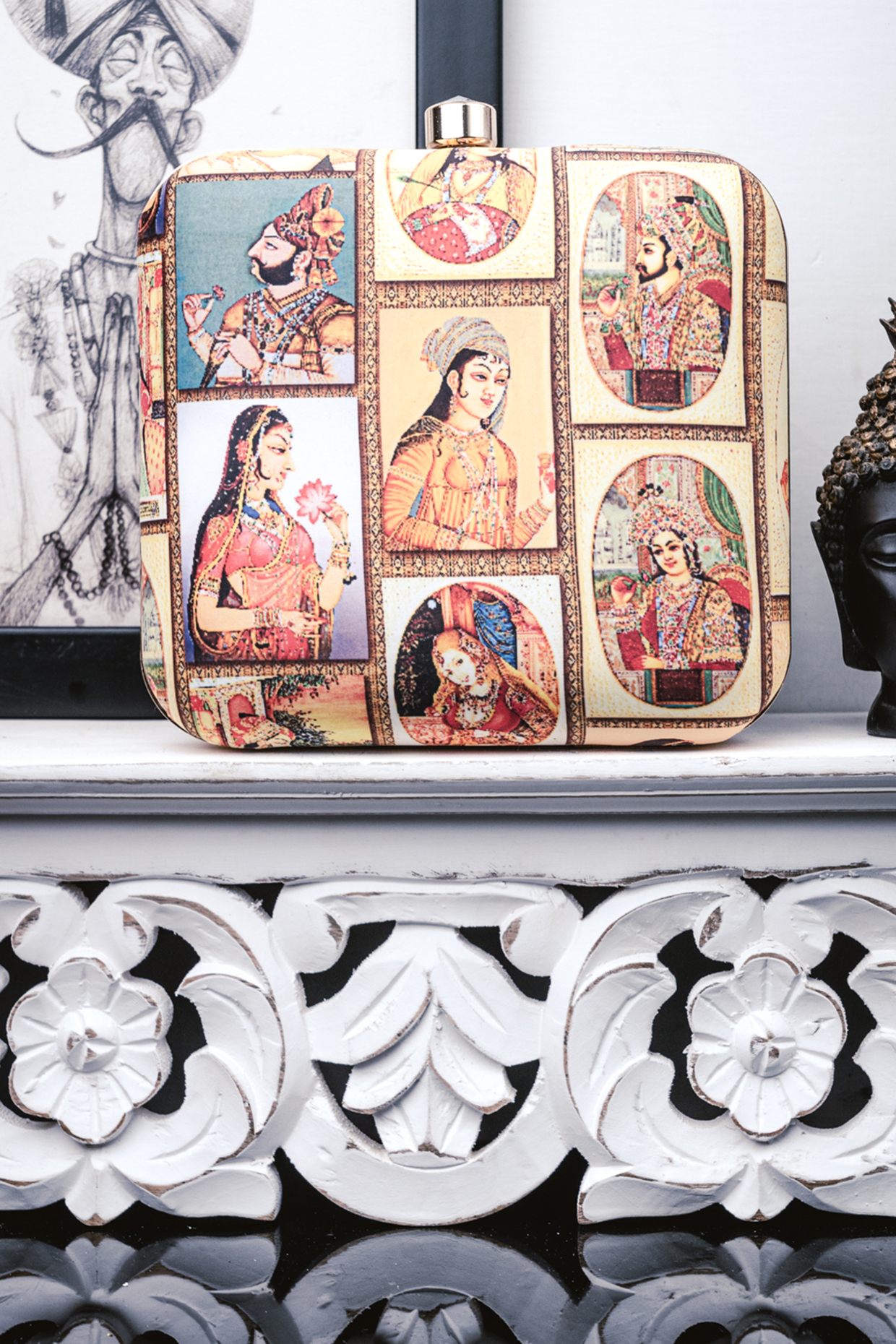 Multi-Colored Satin Printed Box Clutch by NR By Nidhi Rathi at Pernia's Pop Up Shop
