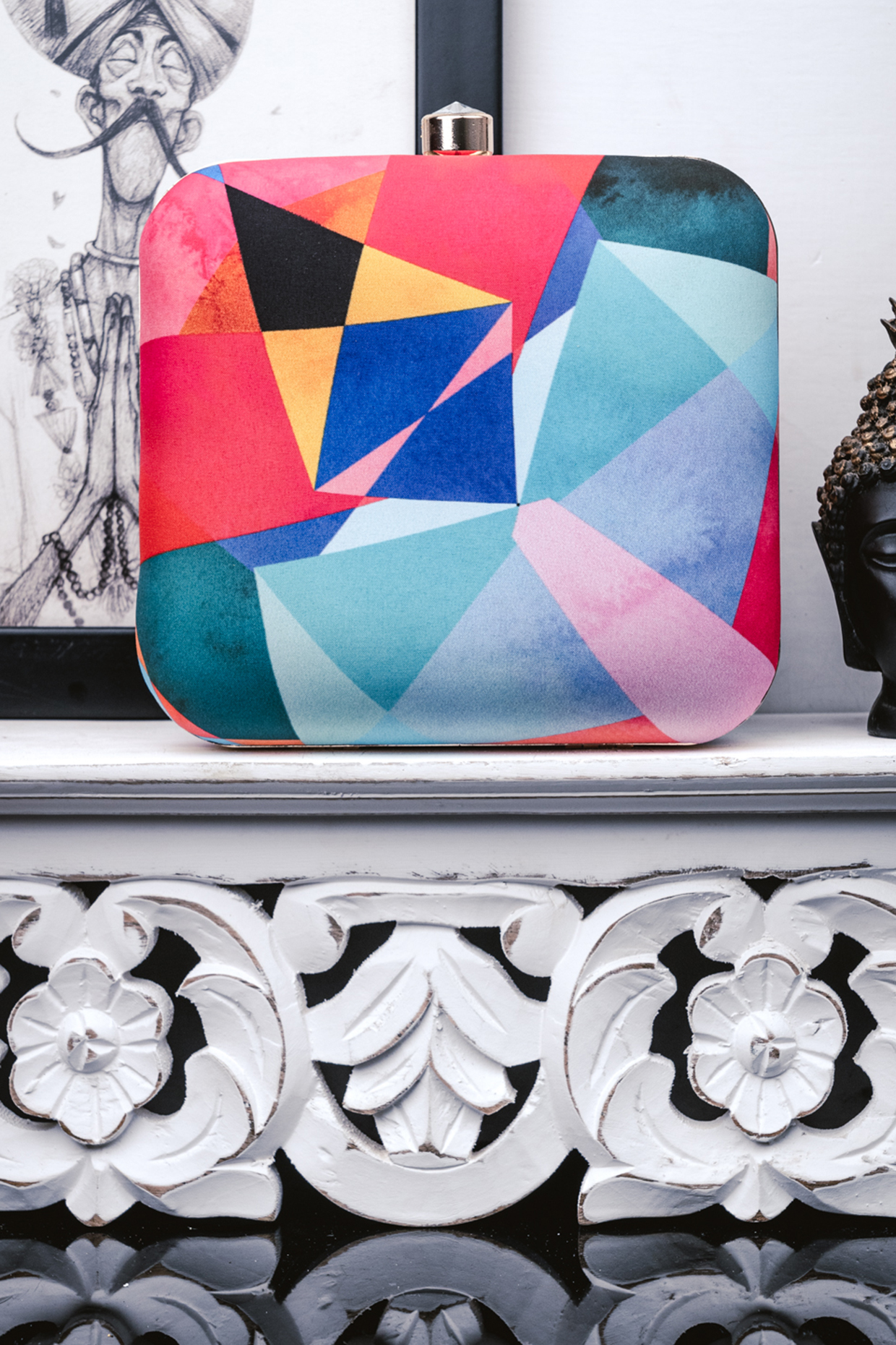 Multi-Colored Satin Printed Box Clutch by NR By Nidhi Rathi at Pernia's Pop Up Shop