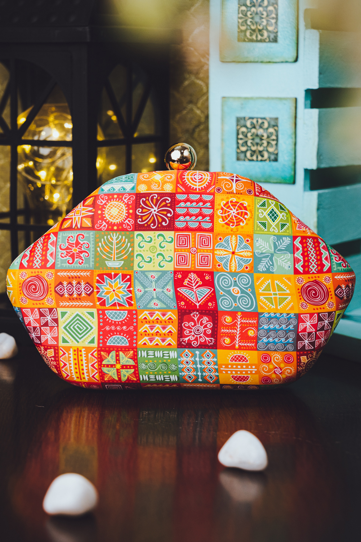 Peach Satin Printed Box Clutch by NR By Nidhi Rathi at Pernia's Pop Up Shop