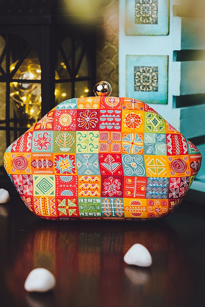 Peach Satin Printed Box Clutch by NR By Nidhi Rathi at Pernia's Pop Up Shop