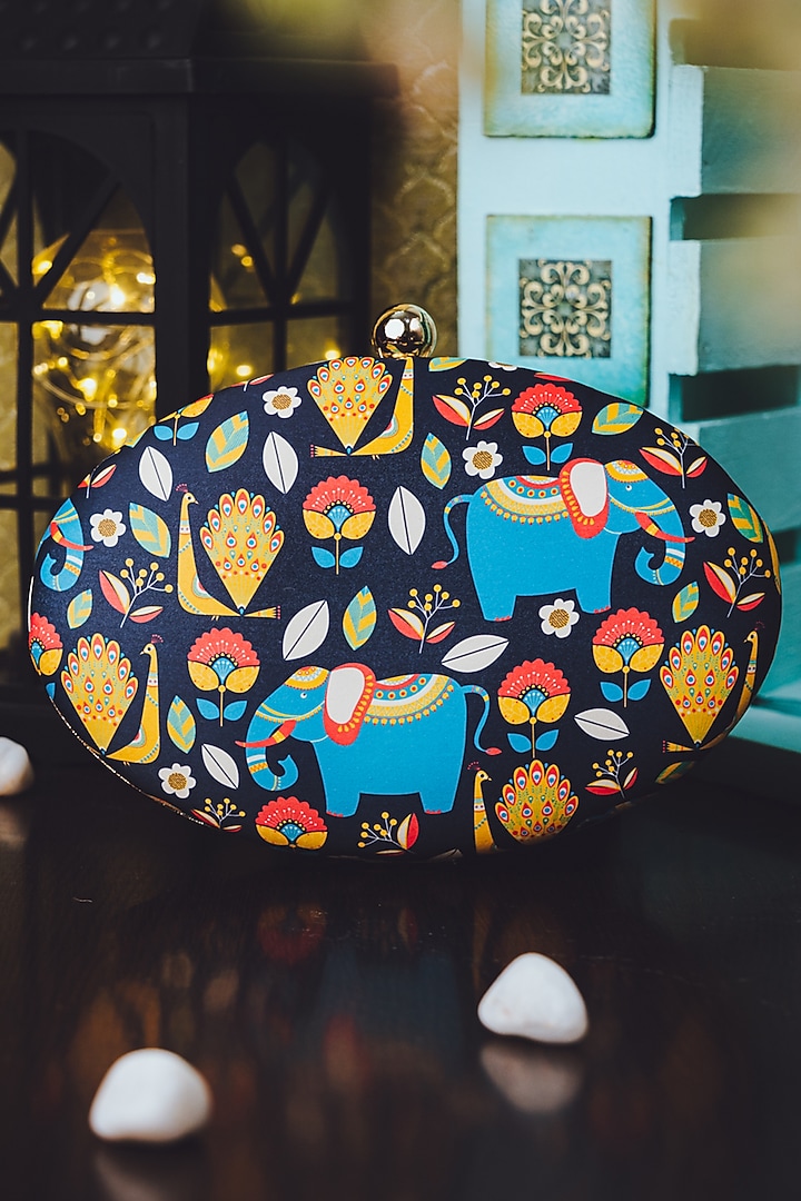 Multi-Colored Satin Printed Oval Clutch by NR By Nidhi Rathi at Pernia's Pop Up Shop