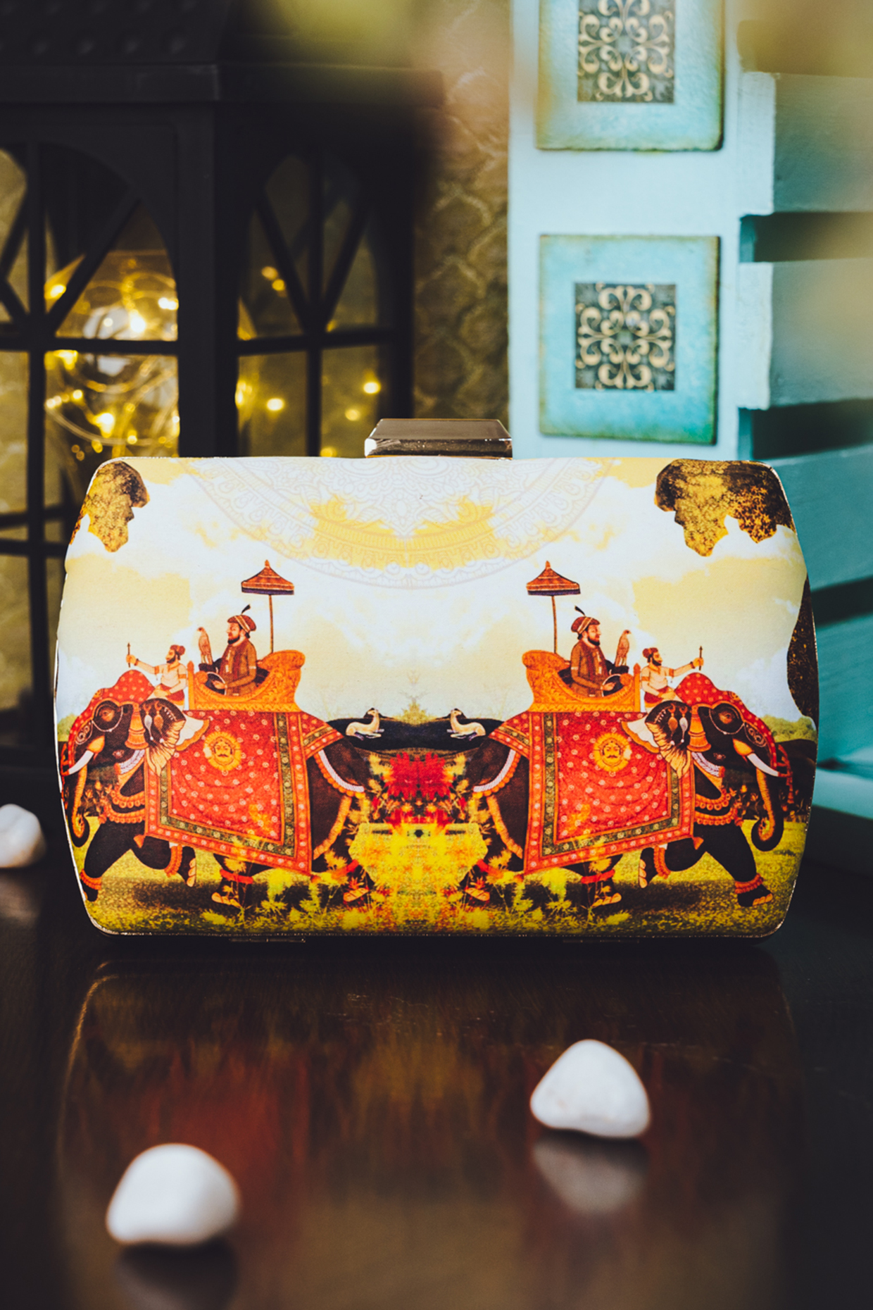 Multi-Colored Satin Printed Box Clutch by NR By Nidhi Rathi at Pernia's Pop Up Shop