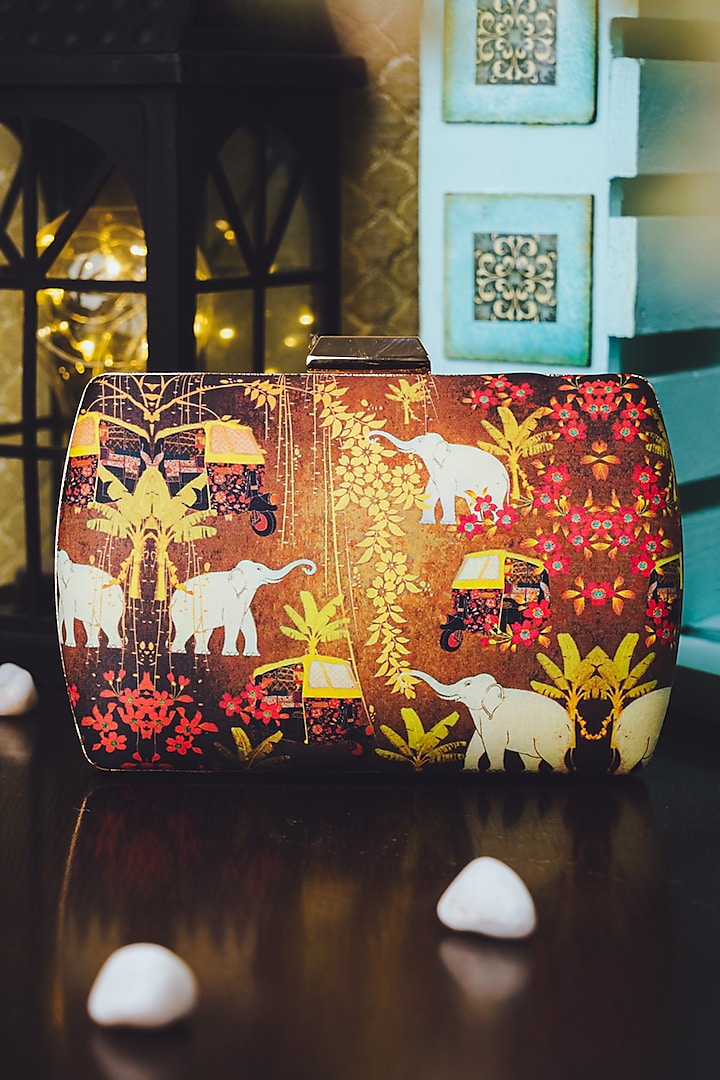 Multi-Colored Satin Printed Box Clutch by NR By Nidhi Rathi at Pernia's Pop Up Shop